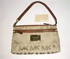 NEW MICHAEL KORS JET SET ITEM MK LOGO FABRIC LUGGAGE,GOLD,CAMEL,WRISTLET,CLUTCH