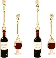 [Fluff + Buff] 2 Pairs of Unique Wine Glass Wine Bottle Wine Tasting Dangle Drop Earrings Red Wine Glass Earrings Fun Novelty Creative Earrings Asymmetrical Earrings Party Holiday Celebration Earrings