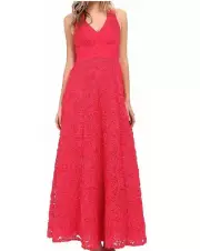 Aidan Mattox V1808 Lipstick Long Rosette Halter A-Line Gown Women Dress Size 6