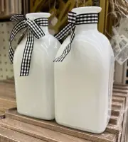 Primitive Country White Bottles Set Of 2 W/Checkered Ribbon & Key/Heart Charms