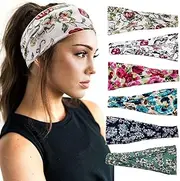 Bohemian Women Floral Print Cross Headband Elastic Hair Band Ladies Printed Non-slip Headband, Sports Yoga Running Summer Elastic Sweat-absorbent Headband. For Women, Girls, Kids (5-piece set)