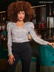 Sosandar Silver Luxe Sequin Gathered Sleeve Top (AV0109) | $136
