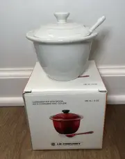 "White" LE CREUSET Condiment Pot with Spoon NWT Stoneware Jam Jelly Jar Indian
