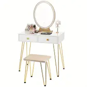 Elegant White Dressing Table Stool Set with LED Oval Mirror