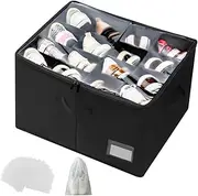 GRNupld Shoe Organiser for Closet, Large Shoe Storage Box with 16 Shoe Bags, Foldable Shoe Bins with Clear Cover, Adjustable Dividers for Shoe Organizer, Fits 16 Pairs, Black