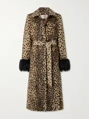 [Valentino Garavani] Valentino Garavani - Belted Faux Fur-trimmed Embellished Cheetah-print Wool Coat - Leopard print - IT44 IT 44 Animal print