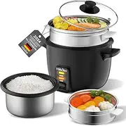 Electric Rice Cooker 2 Litre, Stainless Steel Bowl with Glass Lid, Keep Warm Function, Steaming Function, with Steamer Insert, Spoon, Measuring Cup (Black B)