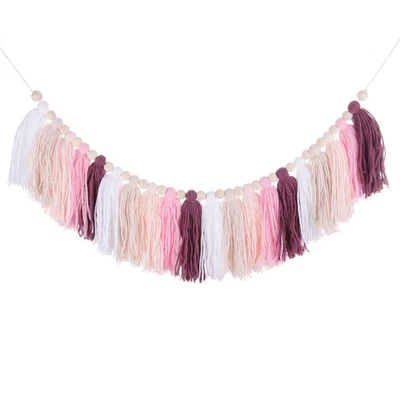 Bohemian Yarn Tassel Garland with Wood Beads,3.9Ft Pastel Wall Hanging Banner