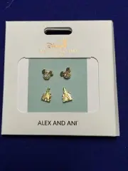 Disney Parks Alex and Ani Mickey Mouse Icon & Castle Gold Tone Stud Earrings Set