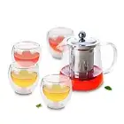 5in1 Tea Set - 550ml Heat Resistant Glass Teapot +4x80ml Double Walled Cups