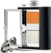 Stainless Steel Flask, Leak-Proof Pocket Hidden Flask with Built-in Cigarette Case and Leather Wrapped Cover, Black Hip Flask and Mini Funnel Set for Liquor for Men and Women