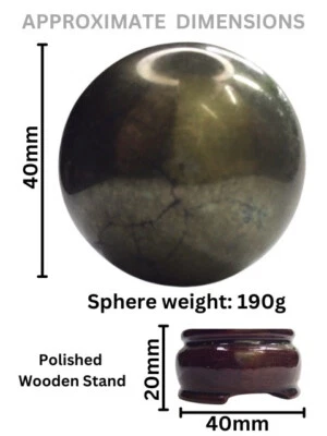 Pyrite Sphere 190g 40mm diam. Inc. Large size Rosewood Patina Stand
