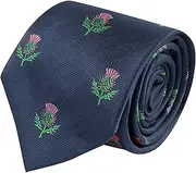 [King & Priory] Scottish Thistle Navy Blue Herringbone Embroidered Tie