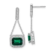 14k White Gold Created Emerald and Real Diamond Dangle Earrings