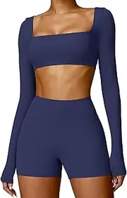ABOCIW Women Square Neck Long Sleeve Workout Crop Top Low Medium Impact Athletic Yoga Gym Shirts with Built in Bra