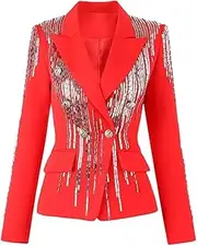 [Bciopll] Notched Collar Red Double Breasted Patchwork Beads Blazer for Women Casual Jackets Coats
