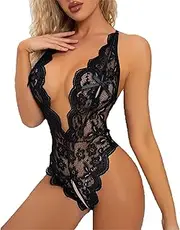 [Generic] Women Deep V One Piece Lingerie Lace Babydoll Mini Bodysuit See Through Backless Halter Sexy Nightgown, Black, X-Large