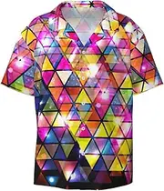 [YANYU] Colorful Geometric Triangle Print Hawaiian Shirts Men Short Sleeve Button Down Cuban Collar Shirt Summer Beach Days