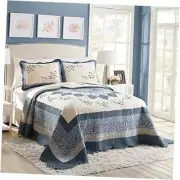 Blue Floral Embroidered Quilted Bedspread - Lightweight King Bedspread