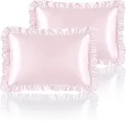 HommxJF Silky Satin Ruffled Pillow Cases for Hair and Skin,Blush Pink Silk Pillowcases Queen Set of 2 with Envelope Closure Princess Room Decoration