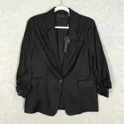 Elie Tahari Blazer Women 6 Black Linen Ruched Sleeve Career Preppy Academia Goth