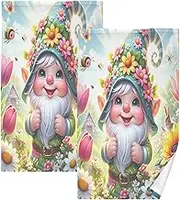 RPLIFE Spring Cute Gnome Cotton Bath Towels Set of 2, 28x16 Inch Absorbent Hand Towels for Bathroom, Gym Towels for Working Out