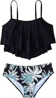 [FEESHOW] Girls Two-Piece Bikini Set Flounce Bikini Crop Top + Swim Briefs Tankini Set Hawaiian Style Swimsuit Surfing Beach