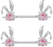 [Niaspi] 14G Cute Rabbit Bunny Nipple Bars Rings for Women Stainless Steel Crystal Pave CZ Rabbits Shield Nipplerings Studs 16mm Lovely Sparkling Pink CZ Heart Nipple Barbell Piercing Jewelry, Stainless Steel,