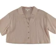 Kirious Button Front Crop Top Shirt Women's Size Large Tan Crepe Short Sleeve