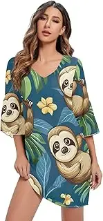 [RPLIFE] Cute Cartoon Sloth Blue Ladies Chiffon Dress Printed Line Maternity Dress S-XXL