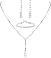 [Kakonia] Silver Bridal Jewelry Set Rhinestone Necklace Bracelet Dangle Earrings for Bride Bridesmaid Teardrop Pendant Crystal Wedding Prom Jewelry Accessories for Women