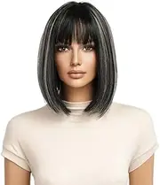 Black Gray Bob Wigs for Women Short with Bangs Gray Highlight Synthetic Heat Resistant Fiber Hair Wigs for Daily Party Use (Black Gray, 33cm)