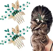 HINZIC 2Pcs Crystal Rhinestone Hair Comb Gold Hair Accessories Emerald Green Leaves Bridal Comb Flowers Turquoise Wedding Hairpiece Clips for Women Girls Prom Party Bride