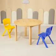 80CM Round Wooden Kids Table and 2 Chairs Set Pinewood Childrens Desk Blue Yellow