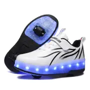 Nevenka Double Wheel Roller Skate Shoes Light Up Sneakers for Boys Girls-Black White