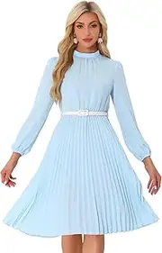 [Allegra K] Women's Work Shirt Belted Long Sleeve Pleated Midi Dress