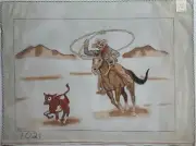 Hand-Painted COWBOY LASSOING CATTLE Needlepoint Canvas 20" x 14" 14.5-mesh