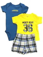 Carters Infant Boys Baby 3pc Outfit Moms MVP Shirt Handsome Bodysuit Shorts 9m
