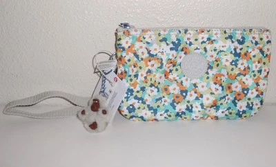 Kipling Creativity XL Meadow Flower Green Wristlet Wrist Bag w/ Katie Keyring