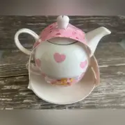 Care Bears X Skinny Dip Heart Teapot and Cup Set For One White and Pink New