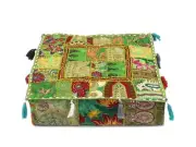 Indian Handmade 22" Square Green Patchwork Home Decorative Floor Cushion Cover