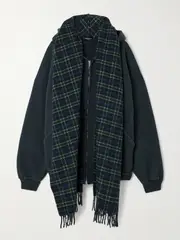 [Balenciaga] Balenciaga - Checked Wool-blend Trimmed Cotton-blend Jersey Hoodie - Blue - 4 4 Blue