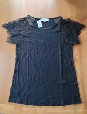 Ann Taylor Loft Black Floral Lace Short Sleeve top in Linen Rayon Blend size M