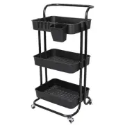 3-Tier Rolling Utility Cart w/ Mesh Baskets Hooks - Black - One size