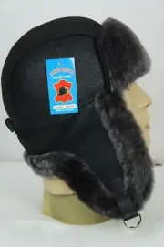BLACK Real Sheepskin Shearling Leather Hunting Winter Ushanka Trapper Hat S-3XL