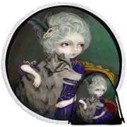 Loup Garou Big Eyed Beautiful Girl and Her Wolf Round Beach Towel