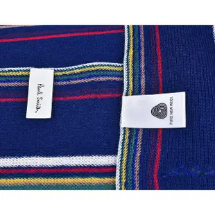 【Paul Smith】PAUL SMITH刺繡LOGO條紋設計針織羊毛流蘇圍巾(深藍x彩色條紋)