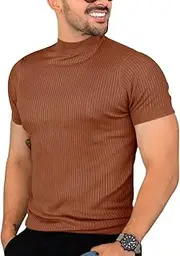 [Runcati] Mens Casual Slim Fit Basic Tops Short Sleeve Shirt Turtleneck T Shirts Rib Knitted Stretch Pullover Sweater