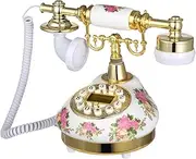 Antique Ceramic Landline Phone, Flower Printed Vintage Telephone, Old Fashioned Telephone with Push Button LCD Display, Ringtone Volume Adjustable Landline Phone Retro Decor for Home Office Hotel