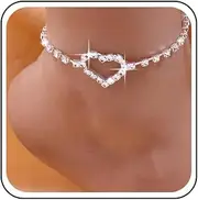 [Aneneiceera] Vintage Crystal Heart Ankle Bracelet Rhinestone Heart Anklet Bracelets Silver Tennis Chain Anklet Shiny Summer Love Anklet Jewellery For Women